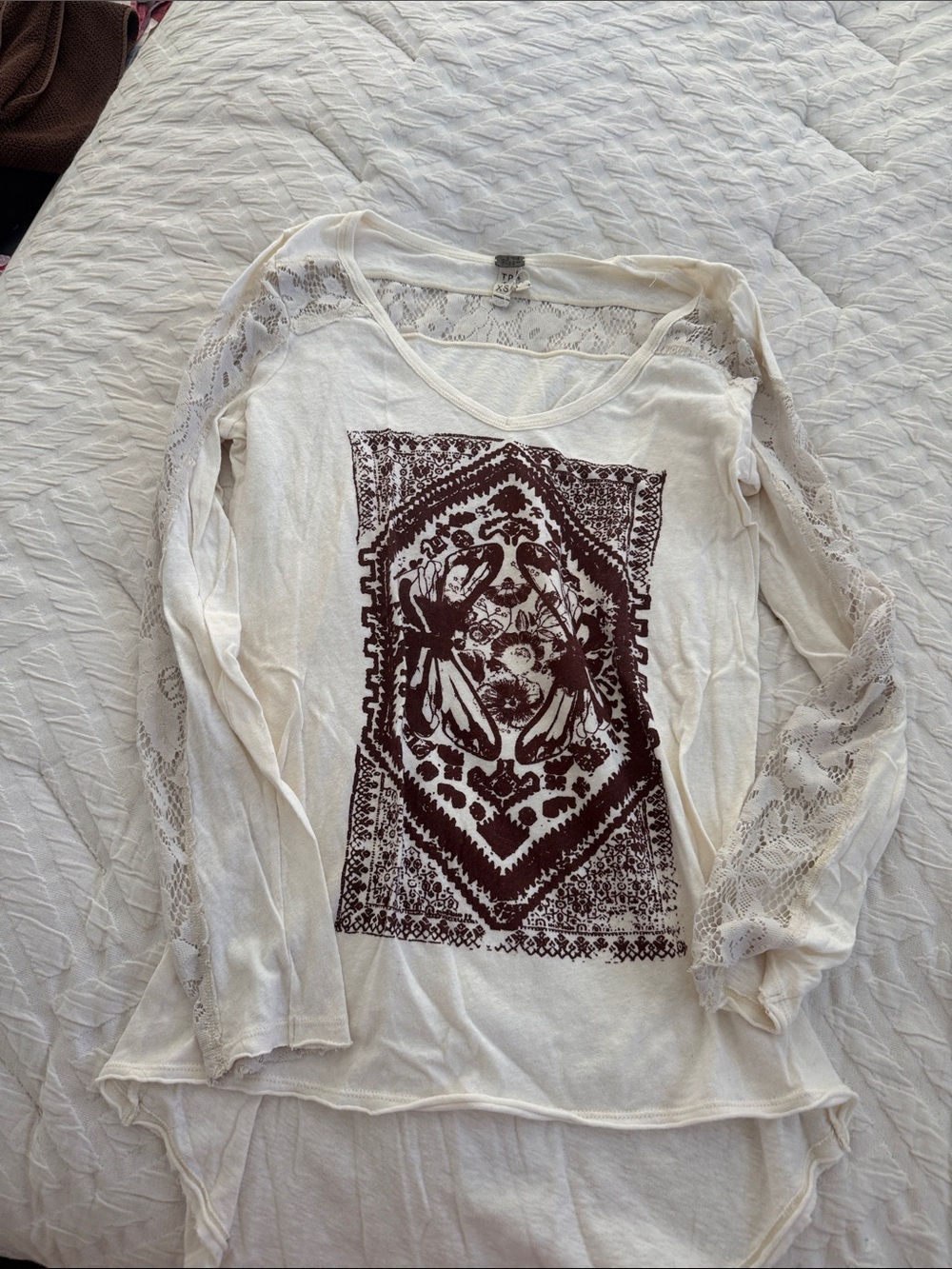 We The Free Cream Long-Sleeve Tee with Lace Sleeves & Brown Medallion Print